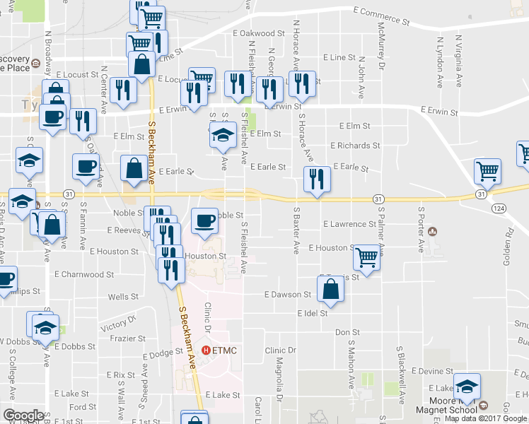 map of restaurants, bars, coffee shops, grocery stores, and more near 424 Crestway Drive in Tyler