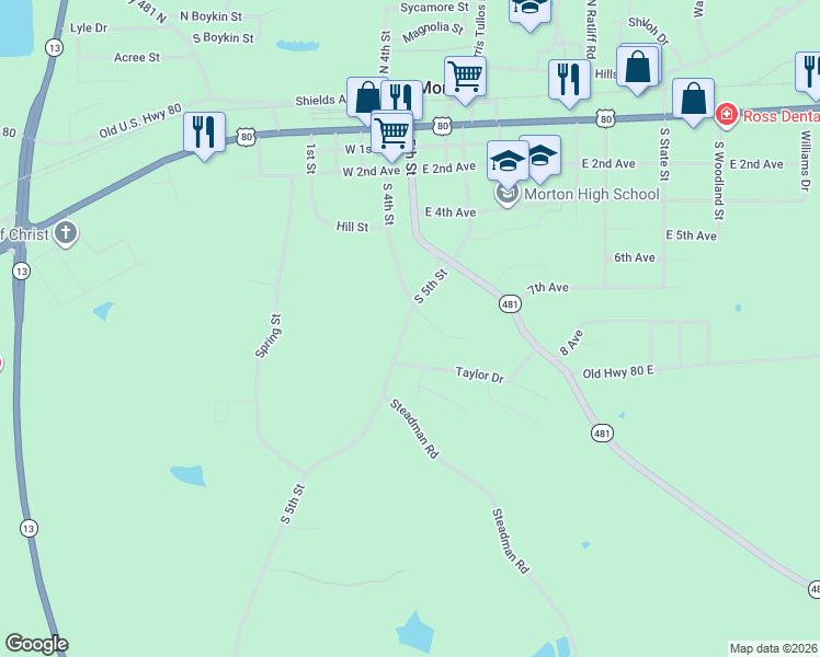 map of restaurants, bars, coffee shops, grocery stores, and more near 1702 Old Highway 13 South in Morton