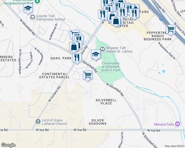 map of restaurants, bars, coffee shops, grocery stores, and more near 7759 North Silverbell Road in Tucson