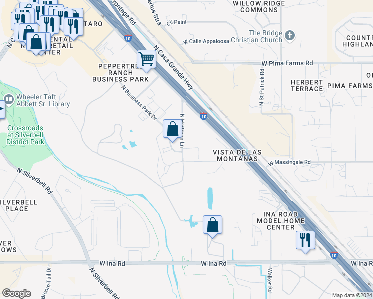 map of restaurants, bars, coffee shops, grocery stores, and more near 160 North Hartman Lane in Tucson
