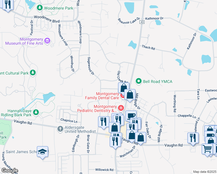 map of restaurants, bars, coffee shops, grocery stores, and more near 6713 Cherrywood Trail in Montgomery