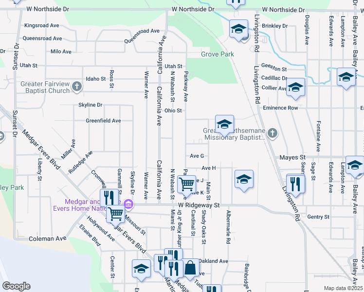 map of restaurants, bars, coffee shops, grocery stores, and more near 3858 North Wabash Street in Jackson