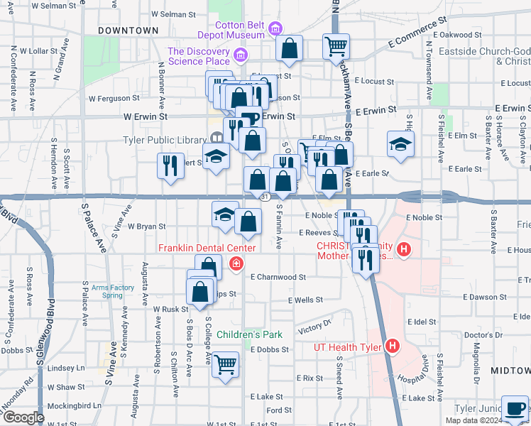 map of restaurants, bars, coffee shops, grocery stores, and more near 412 South Spring Avenue in Tyler