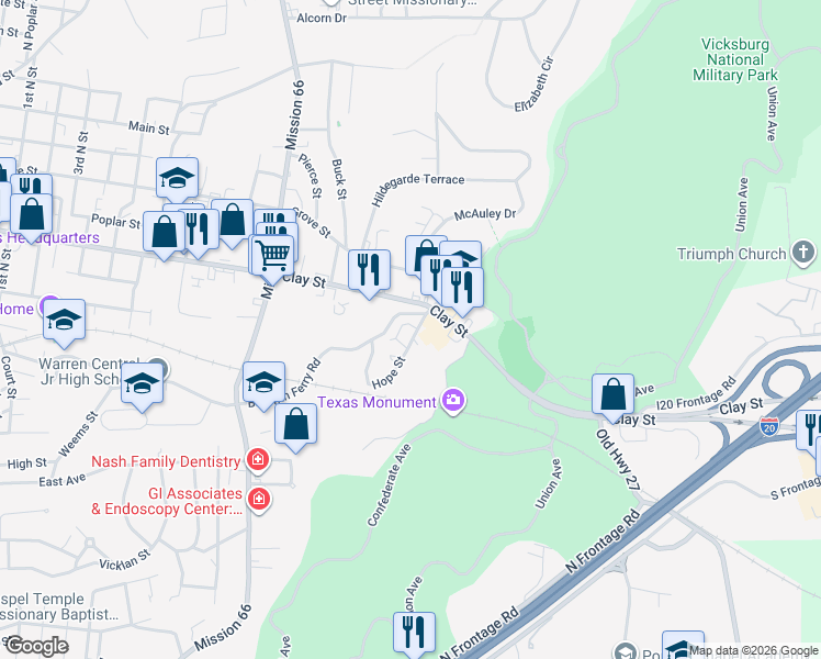 map of restaurants, bars, coffee shops, grocery stores, and more near 19 Circle Lake in Vicksburg