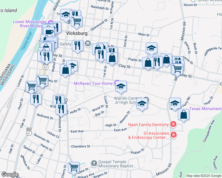 map of restaurants, bars, coffee shops, grocery stores, and more near 1503 Harrison Street in Vicksburg