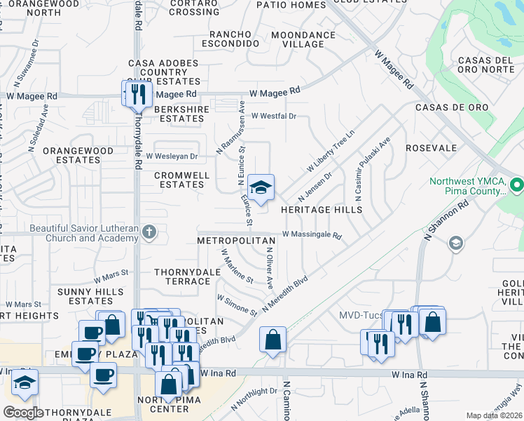 map of restaurants, bars, coffee shops, grocery stores, and more near 3400 West Massingale Road in Tucson