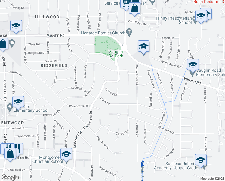 map of restaurants, bars, coffee shops, grocery stores, and more near 3719 Everest Drive in Montgomery