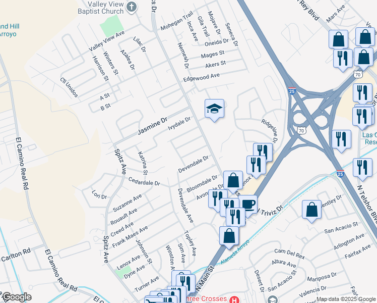 map of restaurants, bars, coffee shops, grocery stores, and more near 1005 Ellendale Drive in Las Cruces