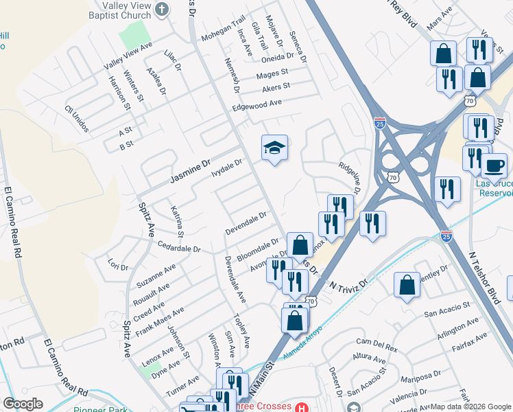 map of restaurants, bars, coffee shops, grocery stores, and more near 1012 Ellendale Drive in Las Cruces