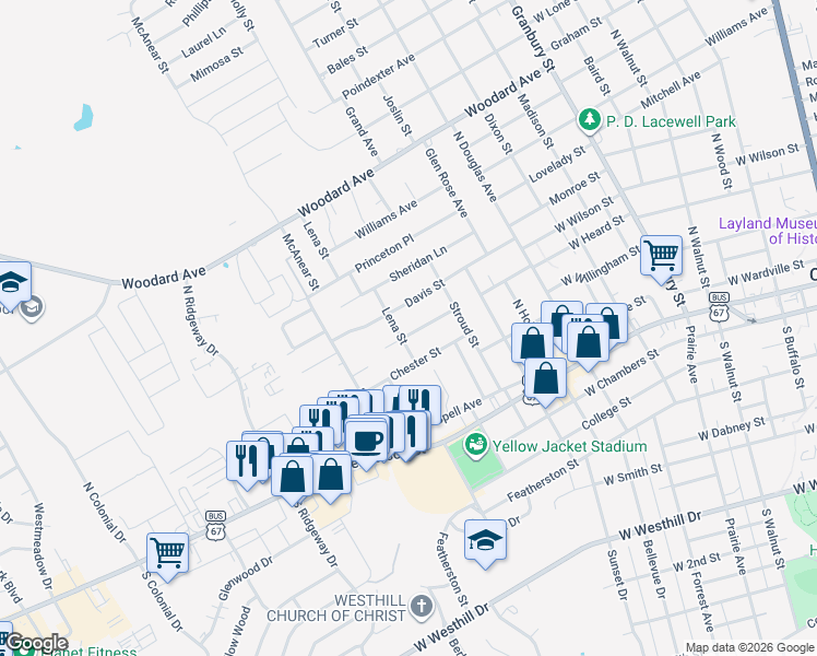 map of restaurants, bars, coffee shops, grocery stores, and more near 1120 Center Street in Cleburne