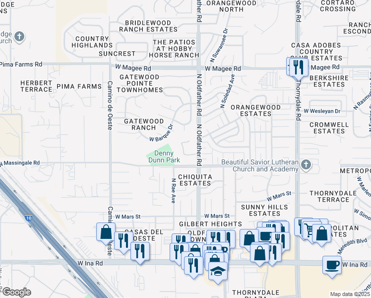 map of restaurants, bars, coffee shops, grocery stores, and more near 7651 North Oldfather Road in Tucson