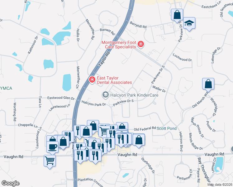 map of restaurants, bars, coffee shops, grocery stores, and more near 2624 Halcyon Downs Loop in Montgomery