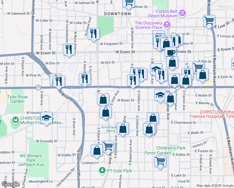 map of restaurants, bars, coffee shops, grocery stores, and more near 620 West Front Street in Tyler