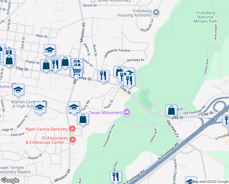 map of restaurants, bars, coffee shops, grocery stores, and more near 19 Circle Lake in Vicksburg