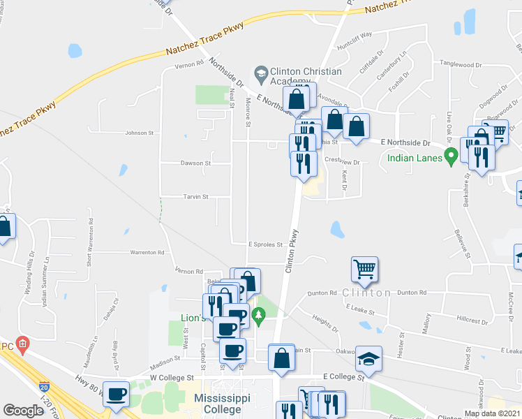 map of restaurants, bars, coffee shops, grocery stores, and more near 808 Monroe Street in Clinton