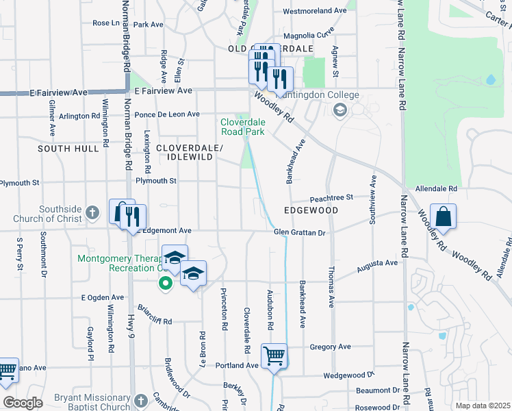 map of restaurants, bars, coffee shops, grocery stores, and more near 3338 East Audubon Road in Montgomery
