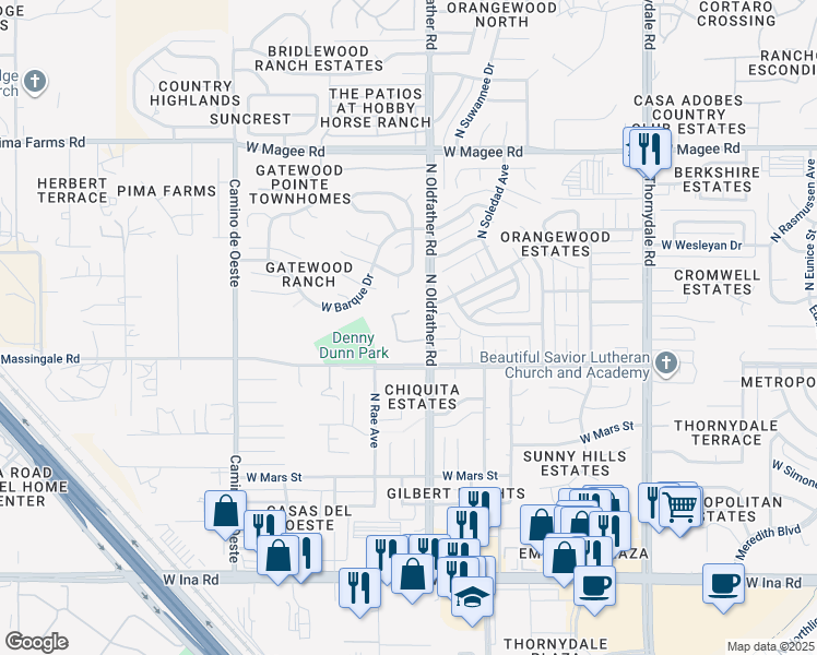 map of restaurants, bars, coffee shops, grocery stores, and more near 7651 North Oldfather Road in Tucson