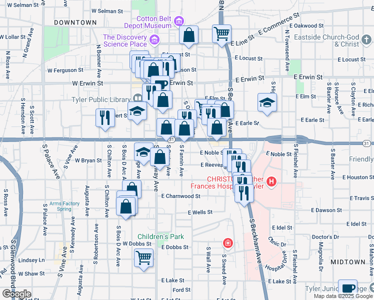 map of restaurants, bars, coffee shops, grocery stores, and more near 420 South Fannin Avenue in Tyler