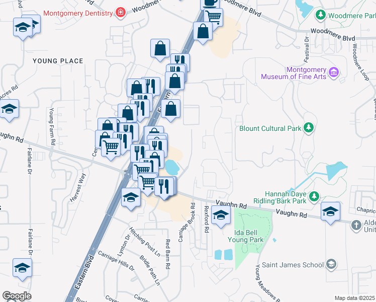 map of restaurants, bars, coffee shops, grocery stores, and more near 2637 The Meadows in Montgomery