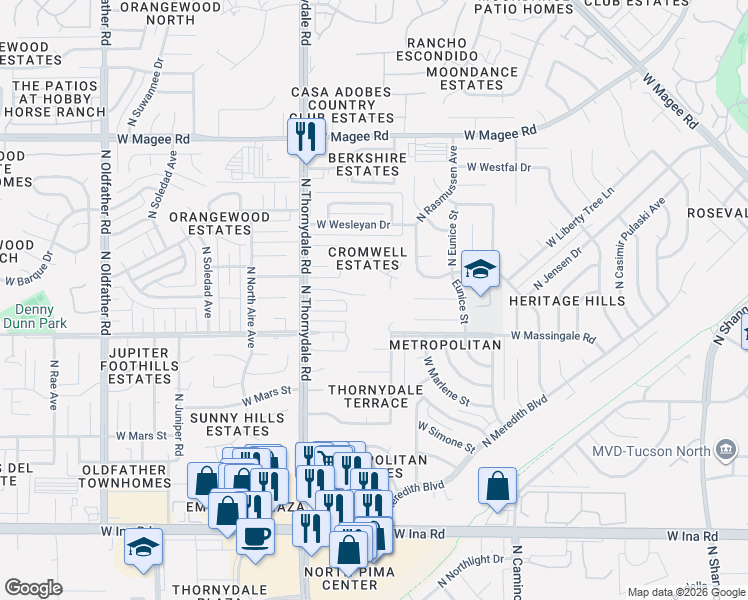 map of restaurants, bars, coffee shops, grocery stores, and more near 3621 West Enfield Place in Tucson