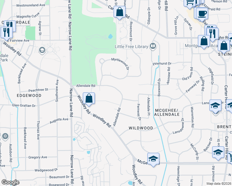 map of restaurants, bars, coffee shops, grocery stores, and more near 2153 Allendale Road in Montgomery