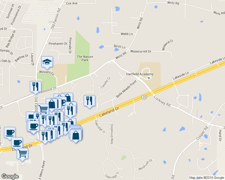 map of restaurants, bars, coffee shops, grocery stores, and more near 122 Belle Meade Boulevard in Flowood
