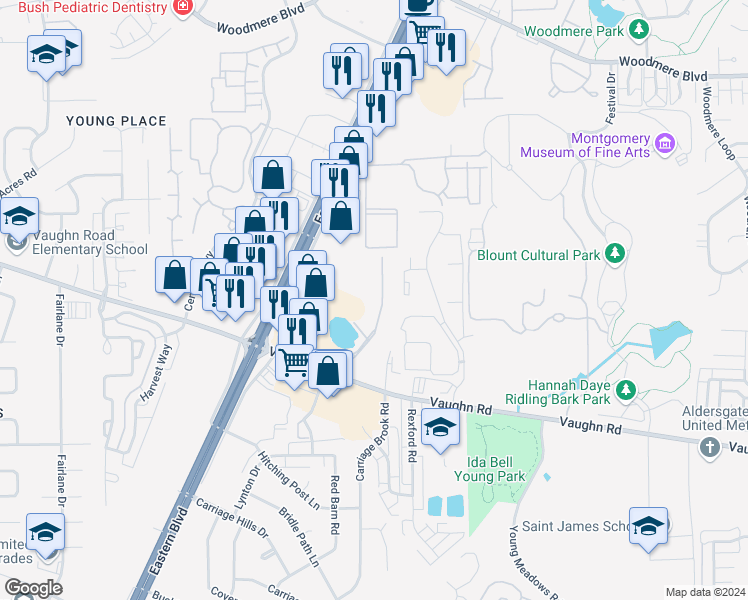 map of restaurants, bars, coffee shops, grocery stores, and more near 2500 The Meadows in Montgomery