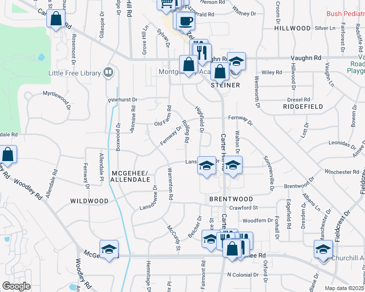 map of restaurants, bars, coffee shops, grocery stores, and more near 3152 Rolling Road Circle in Montgomery