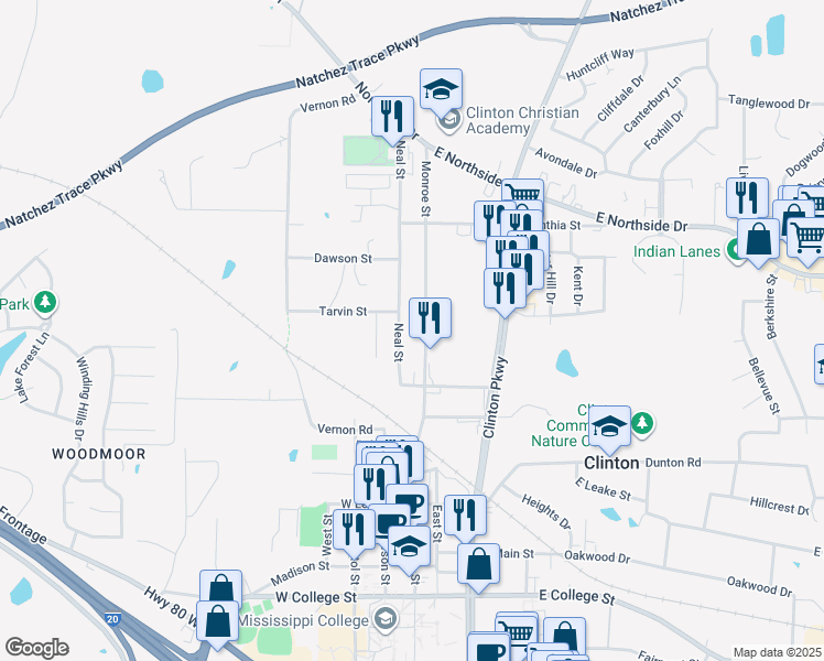 map of restaurants, bars, coffee shops, grocery stores, and more near 823 Neal Street in Clinton