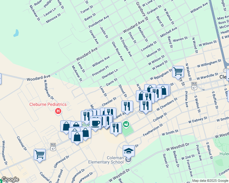 map of restaurants, bars, coffee shops, grocery stores, and more near 1109 Center Street in Cleburne