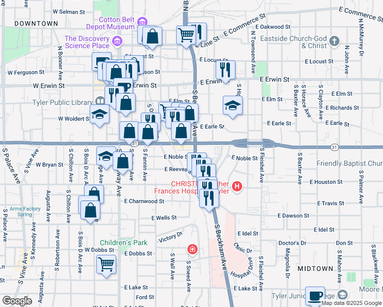 map of restaurants, bars, coffee shops, grocery stores, and more near 524 E Noble St in Tyler