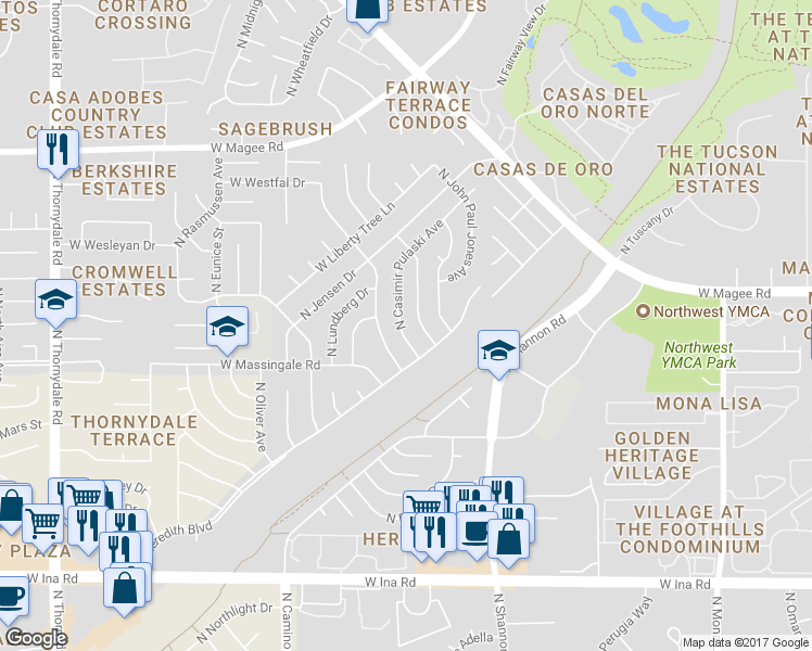 map of restaurants, bars, coffee shops, grocery stores, and more near 7670 North Casimir Pulaski Avenue in Tucson
