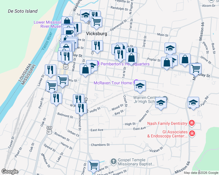 map of restaurants, bars, coffee shops, grocery stores, and more near 1209 Grammar St in Vicksburg