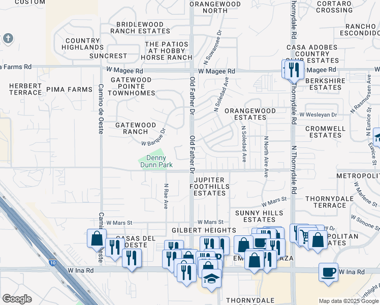 map of restaurants, bars, coffee shops, grocery stores, and more near 7651 North Oldfather Drive in Tucson