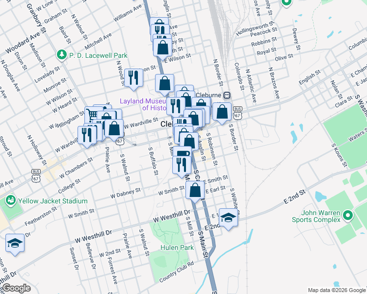 map of restaurants, bars, coffee shops, grocery stores, and more near 201 S Main St in Cleburne