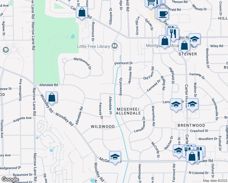 map of restaurants, bars, coffee shops, grocery stores, and more near 2407 Fernway Drive in Montgomery