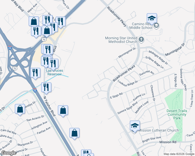 map of restaurants, bars, coffee shops, grocery stores, and more near 2621 Sunset Place in Las Cruces
