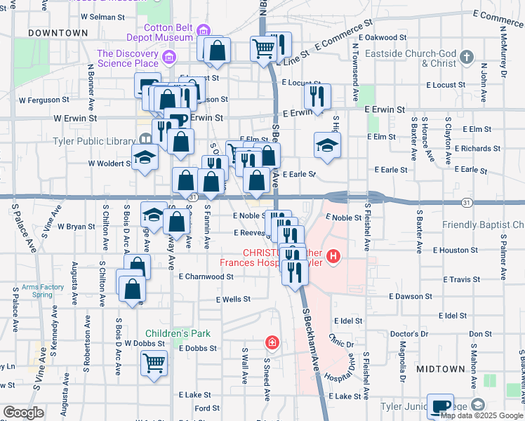 map of restaurants, bars, coffee shops, grocery stores, and more near 524 East Noble Street in Tyler