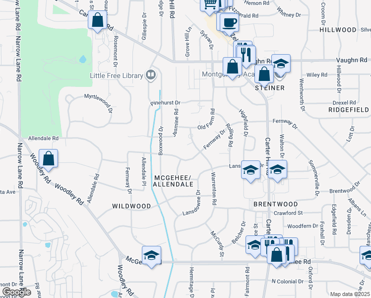 map of restaurants, bars, coffee shops, grocery stores, and more near 3232 Warrenton Place in Montgomery