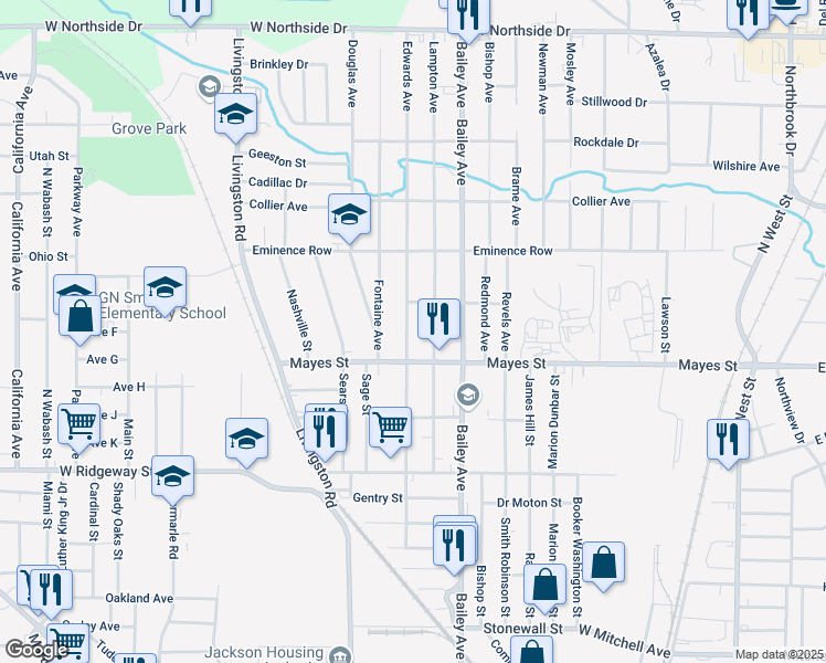 map of restaurants, bars, coffee shops, grocery stores, and more near 3332 Edwards Avenue in Jackson