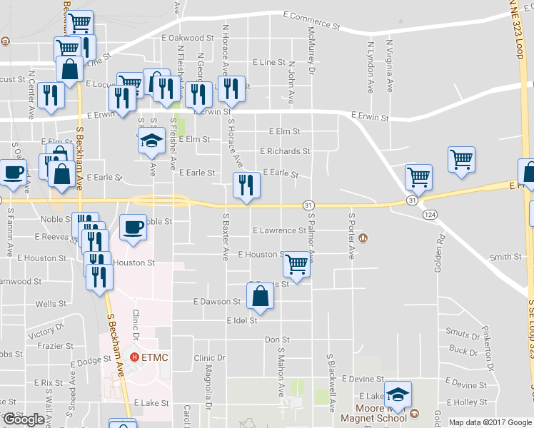 map of restaurants, bars, coffee shops, grocery stores, and more near 1429 East Front Street in Tyler