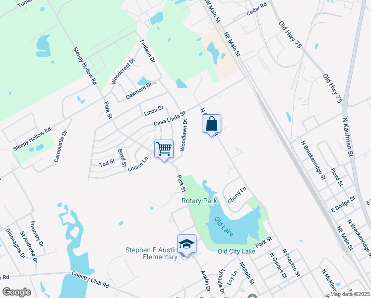 map of restaurants, bars, coffee shops, grocery stores, and more near 2402 Woodlawn Drive in Ennis