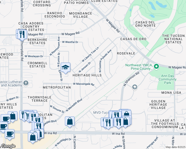 map of restaurants, bars, coffee shops, grocery stores, and more near 7680 North Saffron Avenue in Tucson