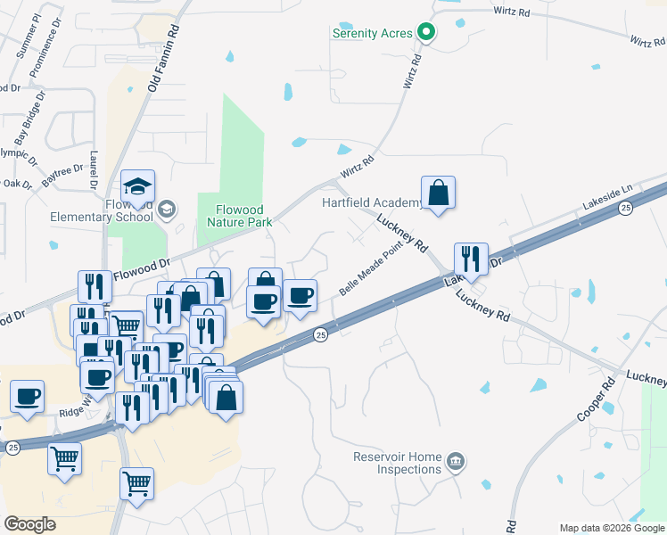 map of restaurants, bars, coffee shops, grocery stores, and more near 122 Belle Meade Boulevard in Flowood