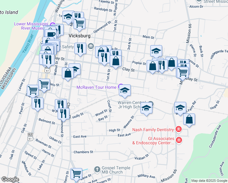 map of restaurants, bars, coffee shops, grocery stores, and more near 1425 Harrison Street in Vicksburg