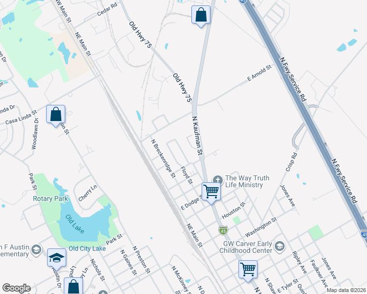 map of restaurants, bars, coffee shops, grocery stores, and more near 2101 North Kaufman Street in Ennis