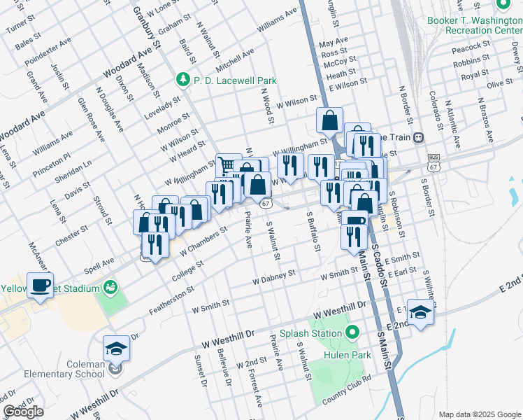 map of restaurants, bars, coffee shops, grocery stores, and more near 105 North Walnut Street in Cleburne