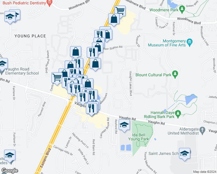 map of restaurants, bars, coffee shops, grocery stores, and more near 2500 The Meadows in Montgomery