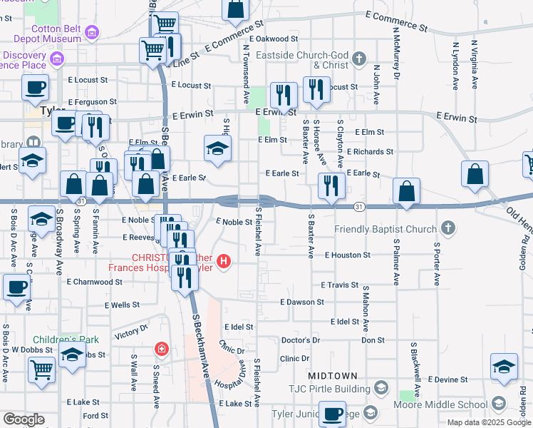 map of restaurants, bars, coffee shops, grocery stores, and more near 424 Crestway Drive in Tyler