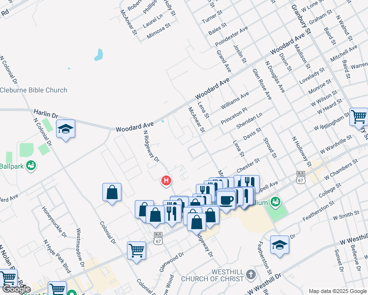 map of restaurants, bars, coffee shops, grocery stores, and more near 1309 Ridge Run Street in Cleburne